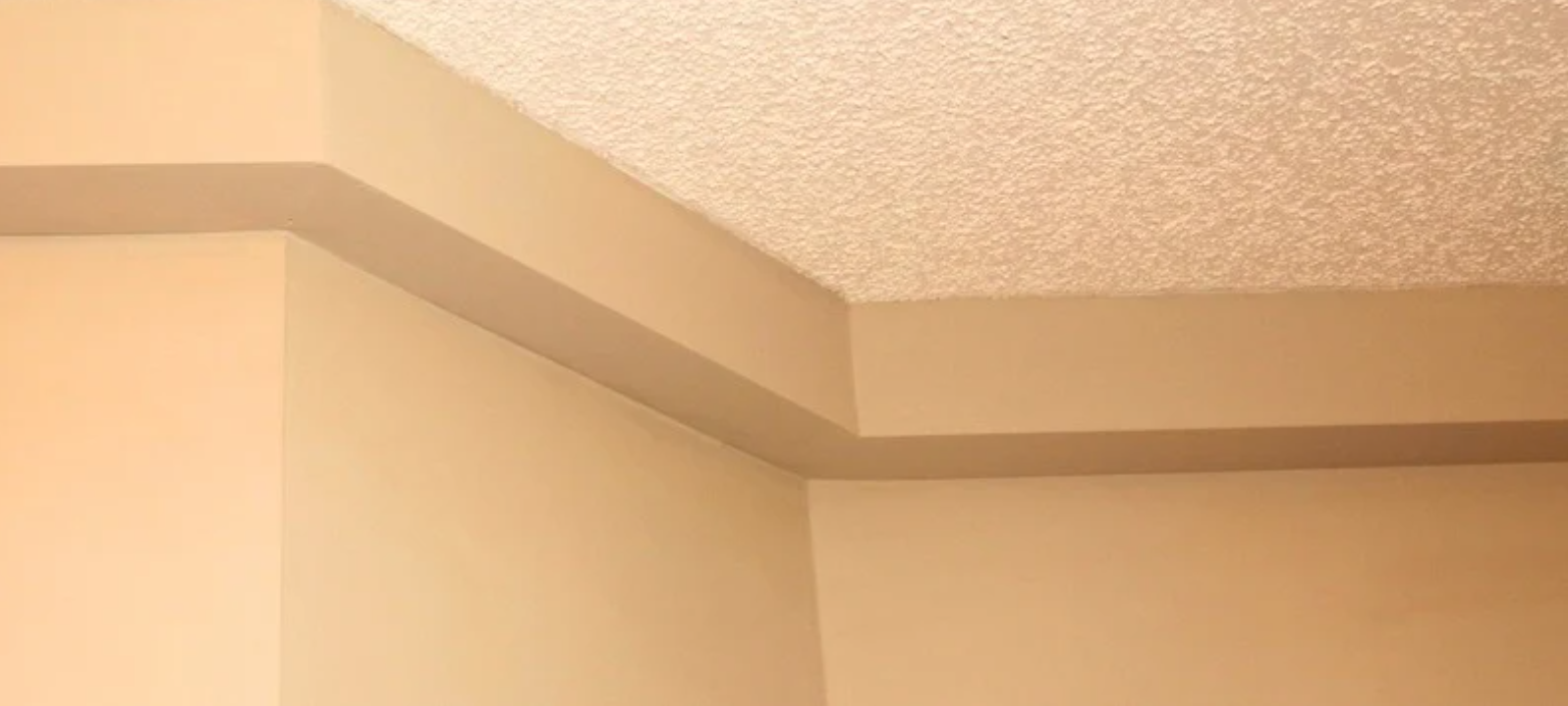 plumbing track installed and painted Close-up of a textured ceiling with crown molding in a beige room.