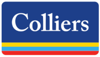 The Colliers logo with blue background and four horizontal stripes in red, yellow, light blue, and dark blue at the bottom.
