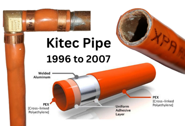 Diagram of a Kitec pipe, showing a close-up of the pipe's interior, a cutaway view, and exploded views indicating welded aluminum, PEX cross-linked polyethylene, and a uniform adhesive layer. The image also displays the pipe's usage period from 1996 to 2007.