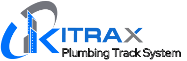 Logo for ITRAX Plumbing Track System, featuring the letter 'I' as a tall blue building with windows and a gray curved arrow.