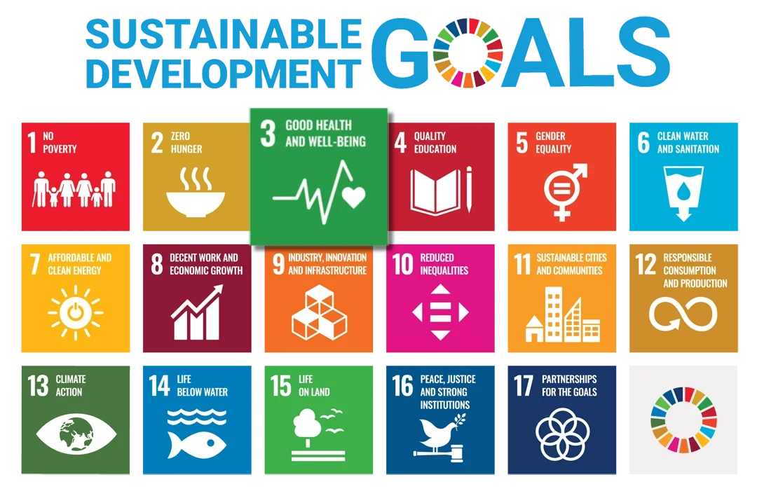 A grid of the SDG icons in bright colors with little icons for each SDG and text like "Good Health and Well-being"