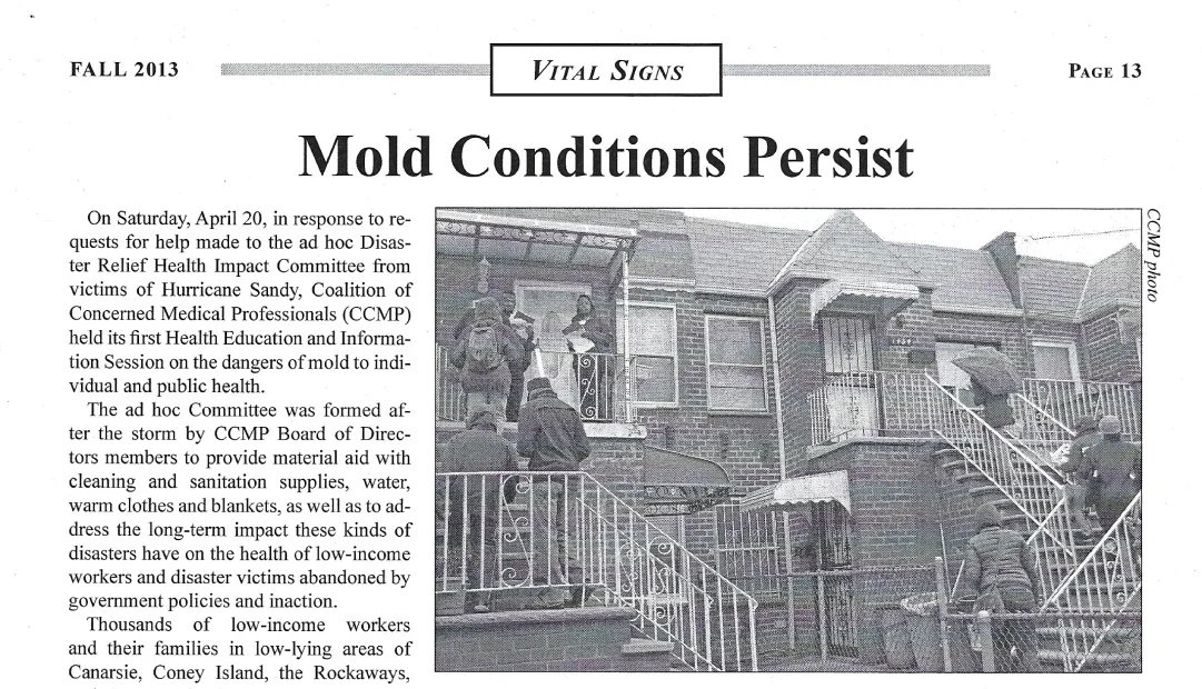 An excerpt of a CCMP Fall 2013 Vital Signs newsletter featuring some of the articles text as well as a black and white photo of volunteers canvassing.