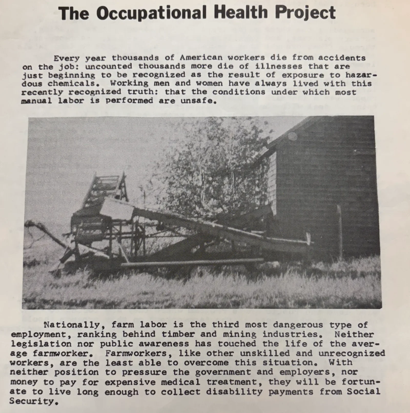 A leaflet from CCMP's subcommittee, the Occupational Health Project, showing a potato grading conveyor belt, a source of many injuries for farm workers.