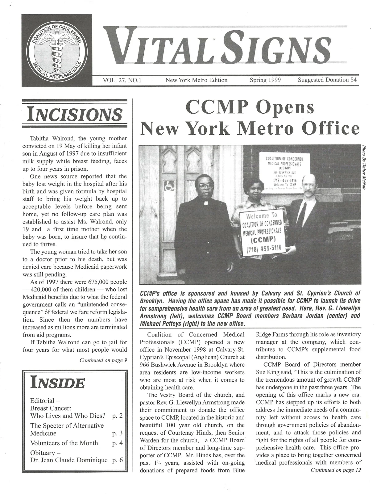 The Spring 1999 edition of CCMP's newsletter Vital Signs.
