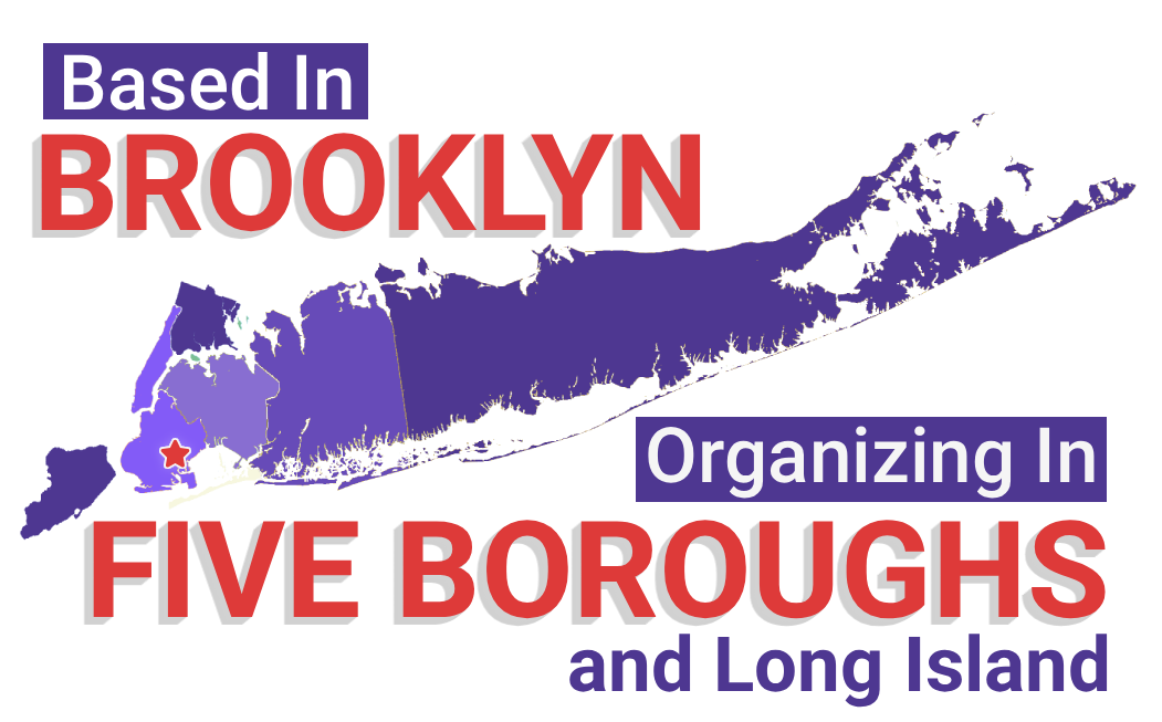 Map of the five boroughs of New York City and both counties of Long Island with a star over the portion of Brooklyn CCMP's office is located at.