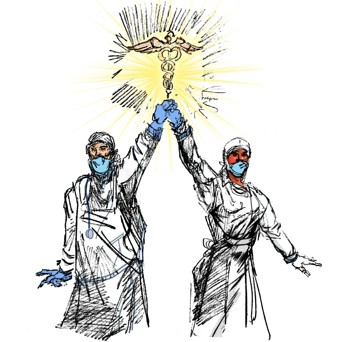 A colorized sketch of two doctors holding hands triumphantly with a glowing caduceus above them.