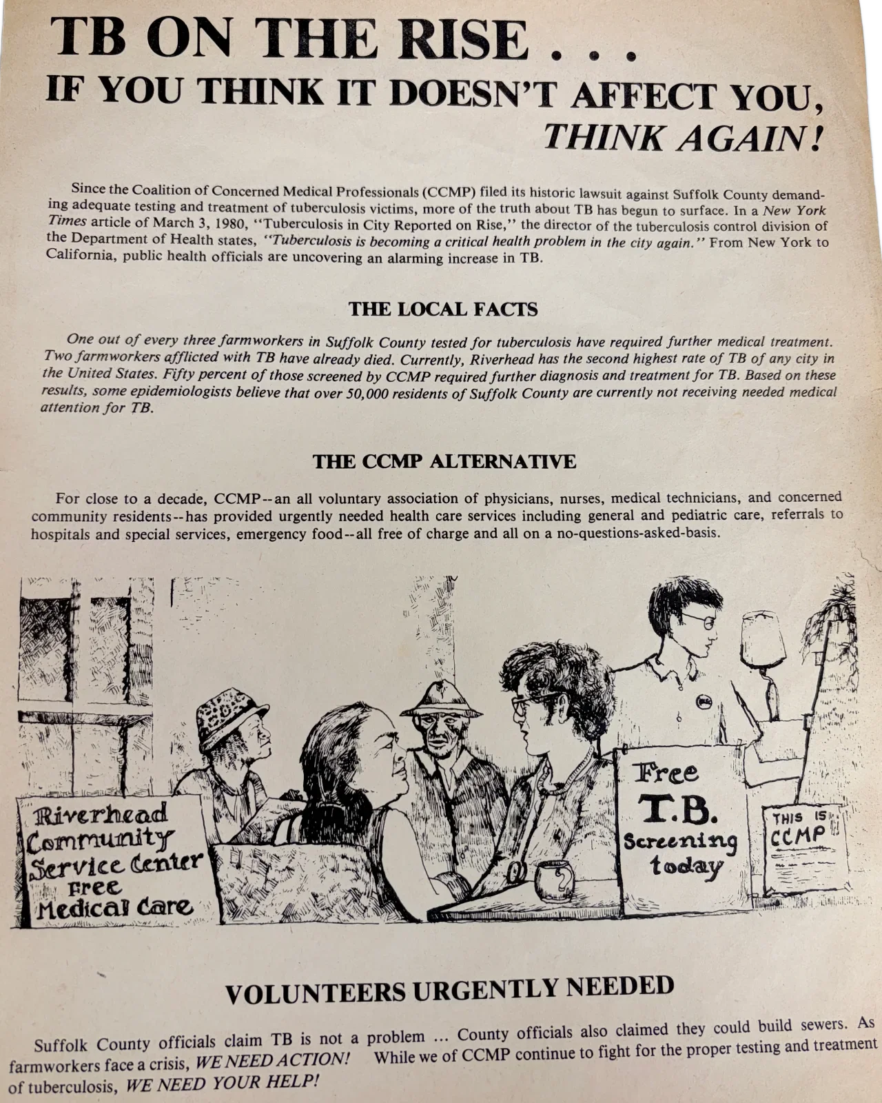 An old leaflet of CCMP's, circa 1979, featuring a sketch of people coming to a screening session for tuberculosis with a doctor and advocate both featured.