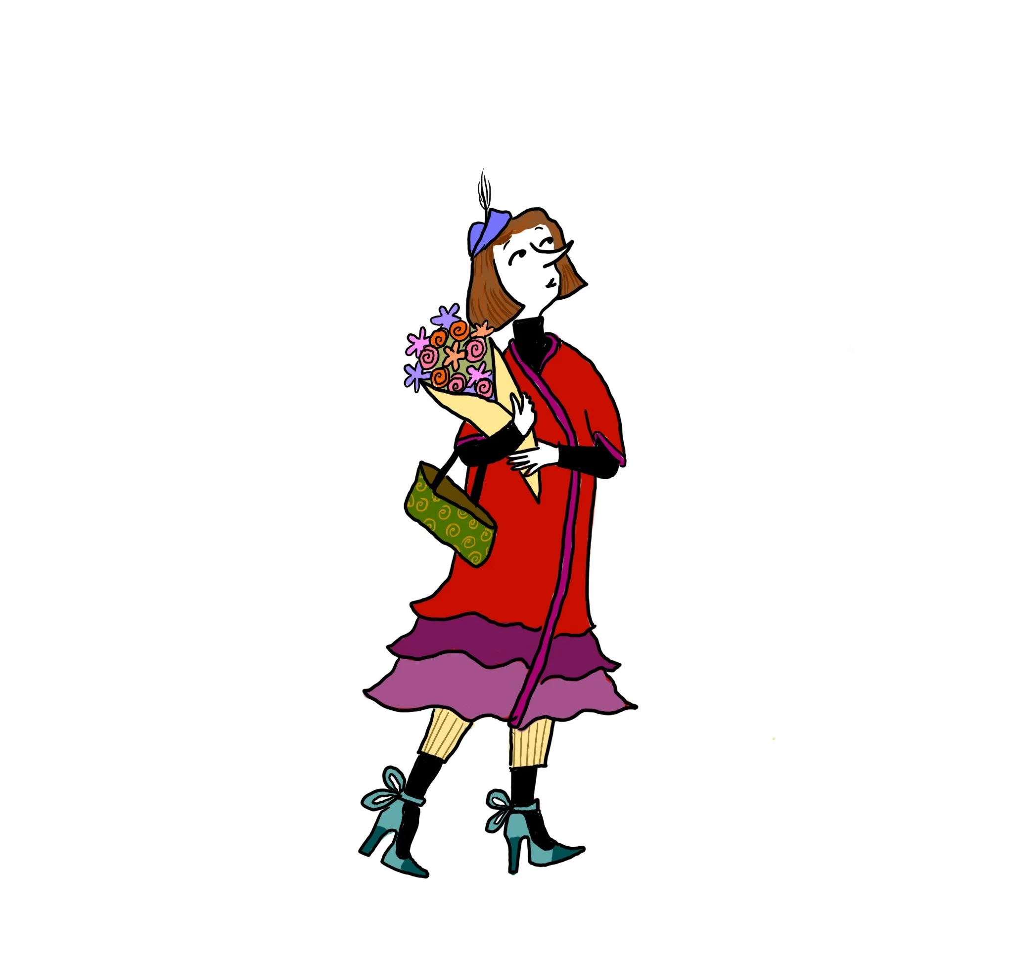 Ilustración de una mujer con vestido largo, botas y un sombrero llevando un ramo de flores.