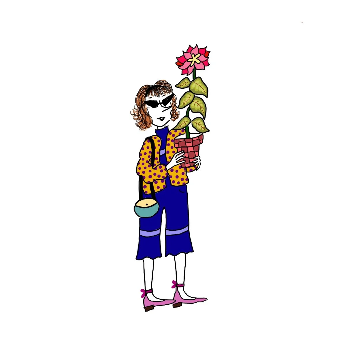 Dibujo de una mujer con gafas de sol, camiseta azul, chaqueta rosada con puntos morados, pantalones cortos azul oscuro, zapatos rosas, y una bolsa, sosteniendo una maceta con una planta con flor