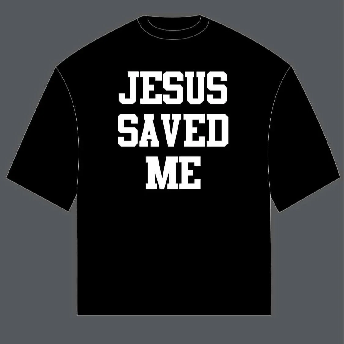 Black T-shirt with white text that says 'JESUS SAVED ME'.