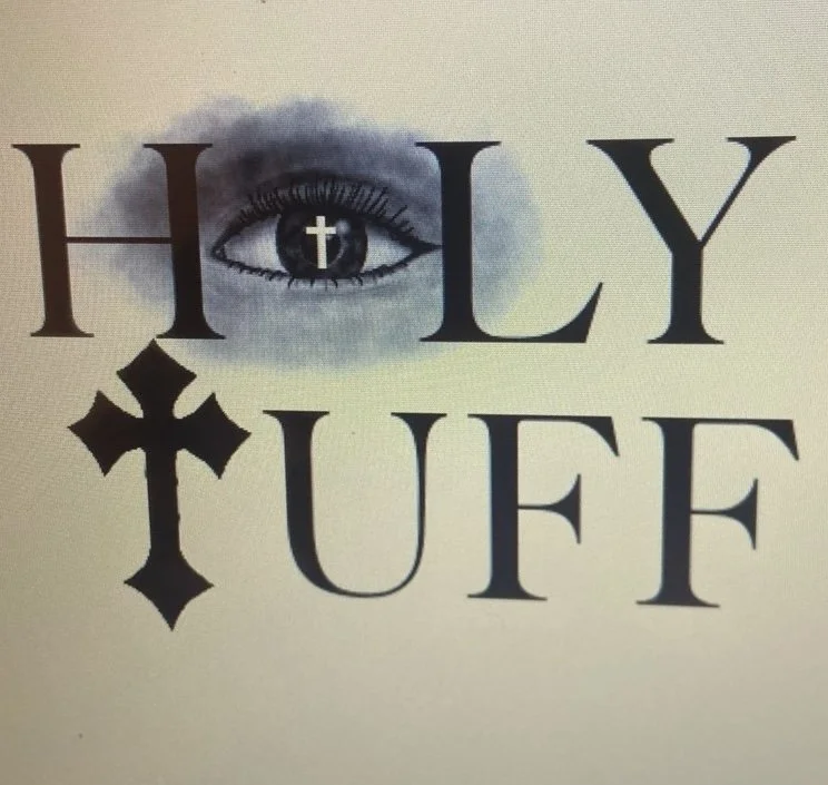 A stylized graphic with the words "Holy Uff" in large black letters, an eye with a cross in the iris, and a decorative cross symbol used as the "T" in "TUFF".