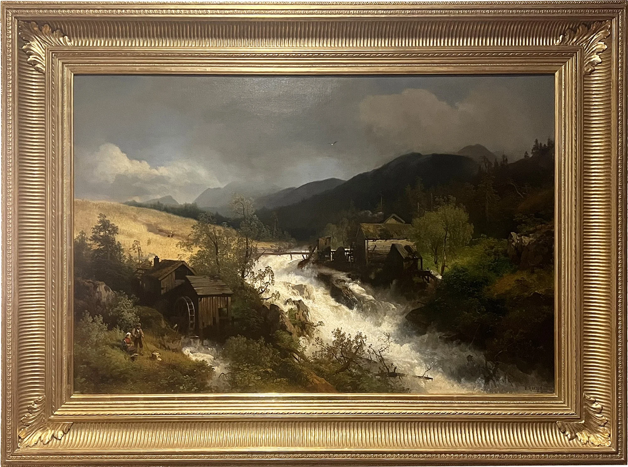 Hermann Ottomar Herzog (1832-1932) Mountain Waterfall with Mills and Figures, 1873