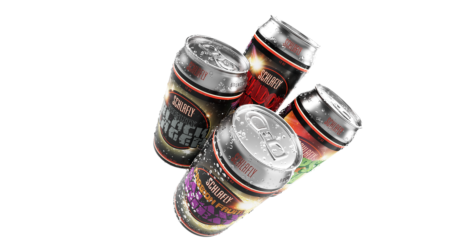 Four cans of Schlitz Zookeeper energy drinks with condensation, tilted and grouped together against a black background.