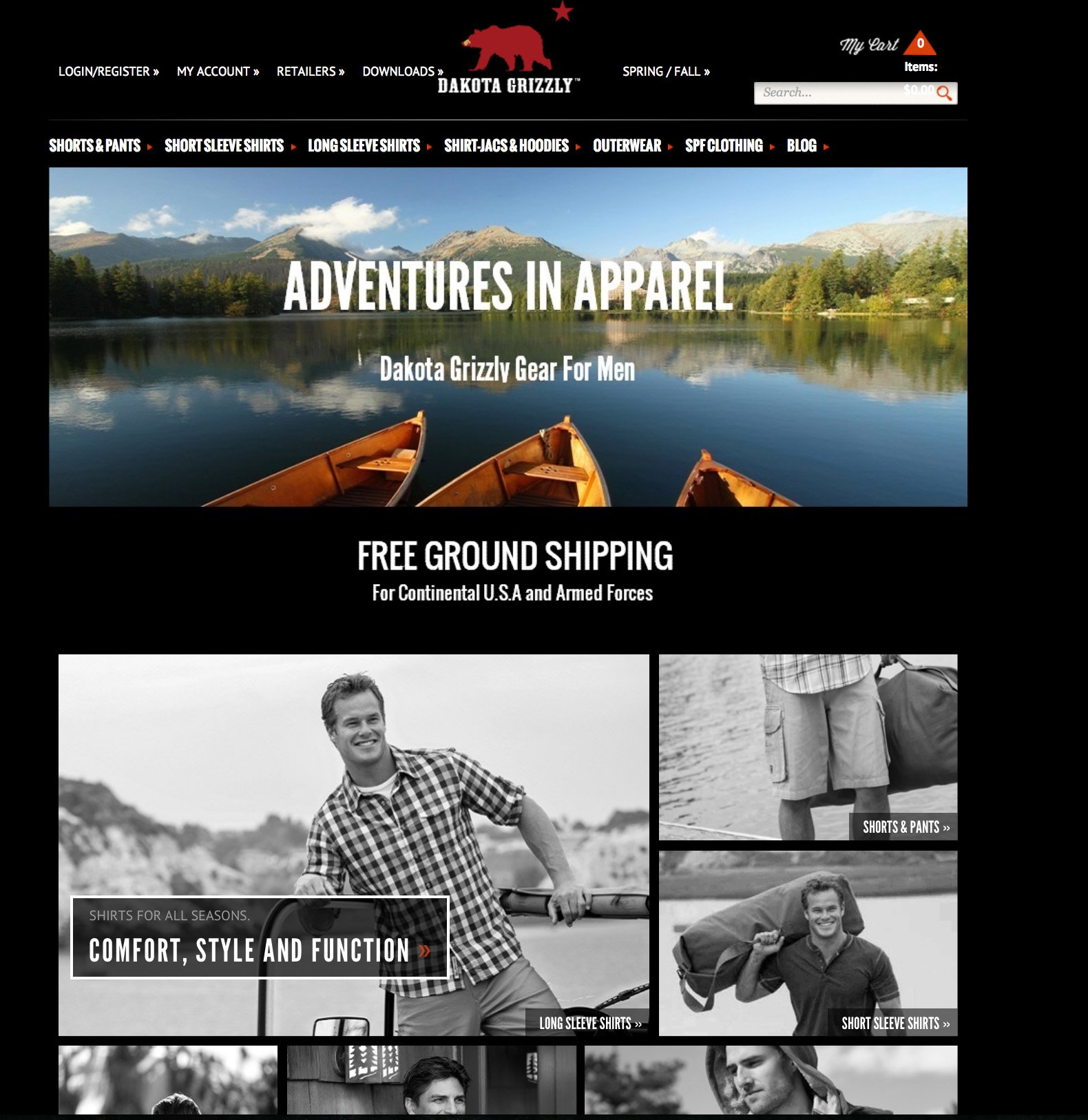 Screenshot of the Dakota Grizzly website homepage featuring outdoor apparel for men. The page showcases a scenic lake with mountains, a banner promoting gear for adventures, and black-and-white images of men wearing outdoor clothing.