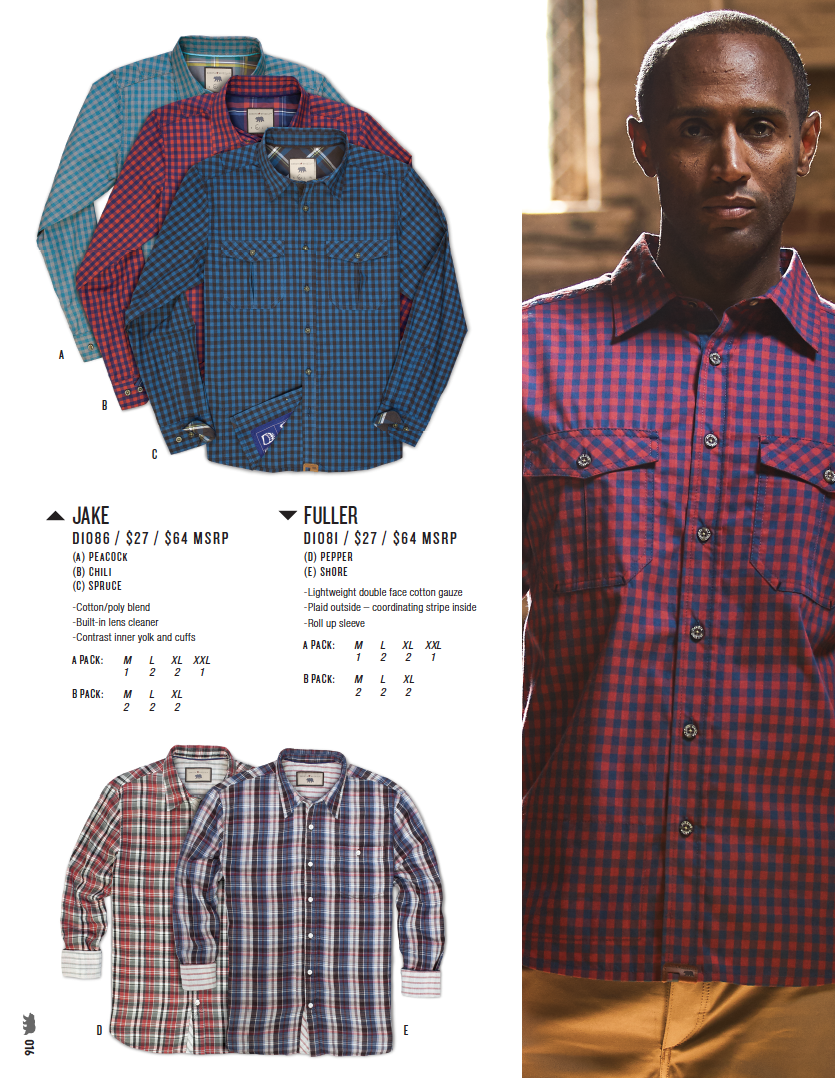 A selection of plaid men's shirts in different colors, including blue, red, and multicolor, with some worn by a man and others laid flat with labels and descriptions.