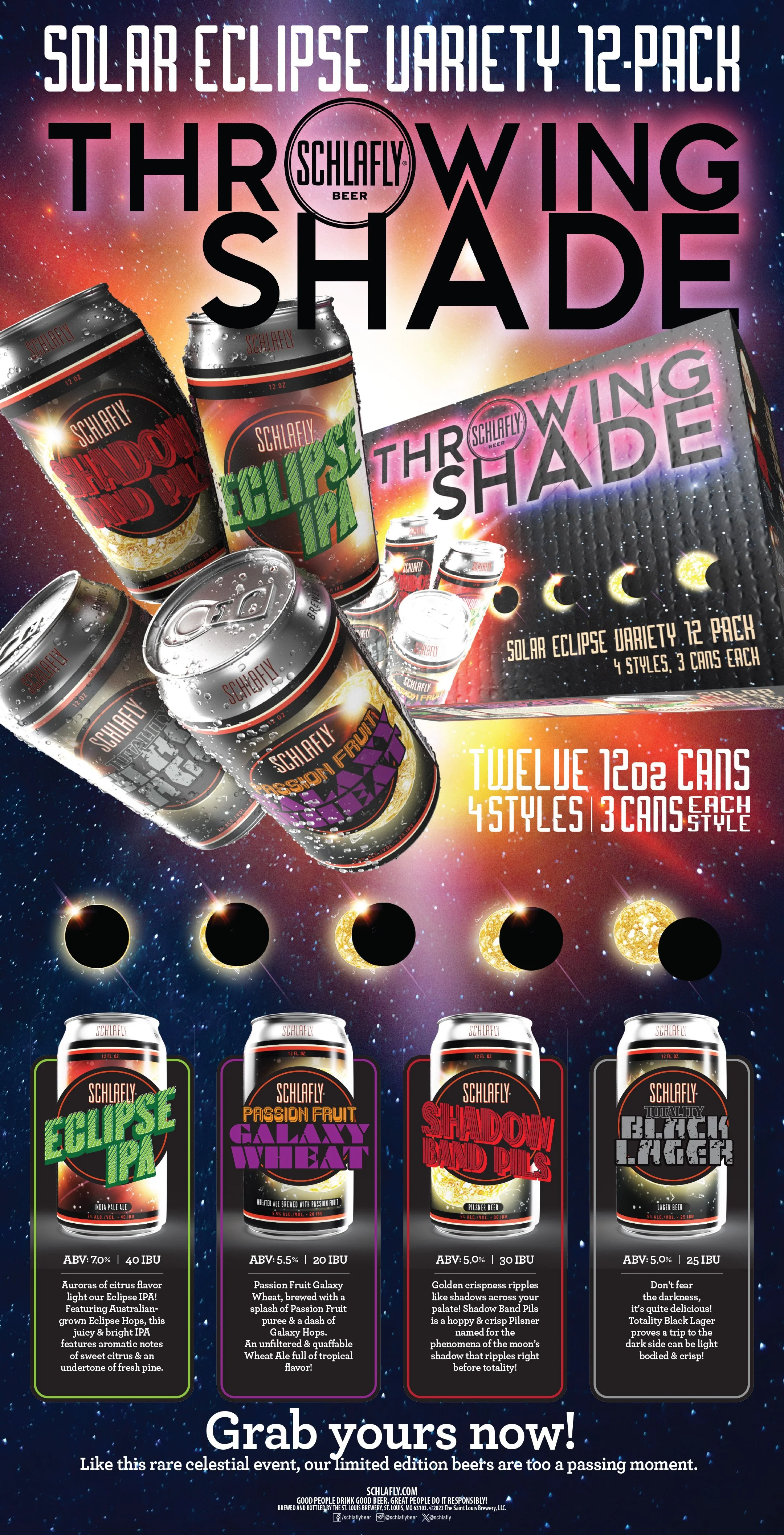 Advertisement for Solar Eclipse Variety 12-Pack beer cans, including four styles with three cans each, inspired by a solar eclipse. The styles are Eclipse IPA, Galaxy Wheat, Shadow Band Pils, and Totality Black Lager. The image features images of the