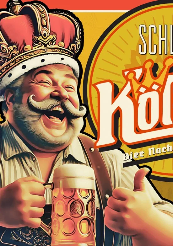 Kölsch branding image featuring A cheerful man dressed as a king, with a crown, holding a large beer mug, giving a thumbs-up, and smiling broadly. The background features a vintage-style sign with German text and visuals of Kölsch, Germany.