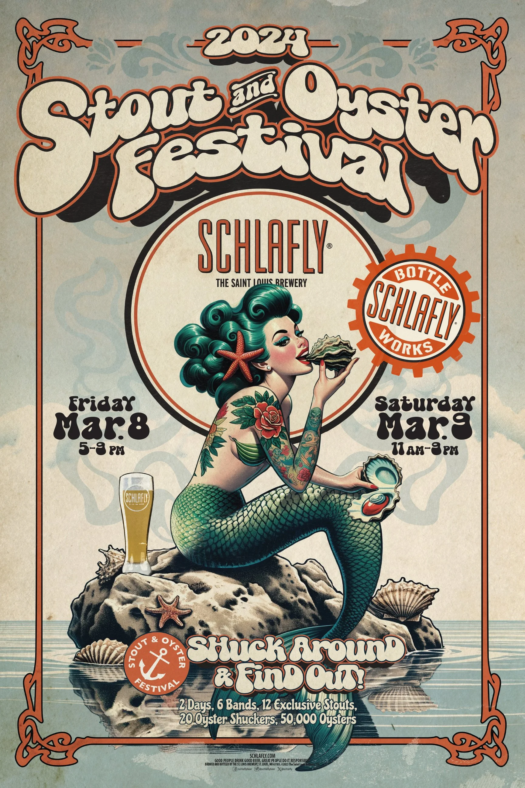Festival poster for 2024 Stout and Oyster Festival at Schlafly, featuring a vintage-style illustration of a mermaid with green hair and tattoos, sitting on rocks with a seashell in hand and a oyster shell in the other. The event is on March 8th from 