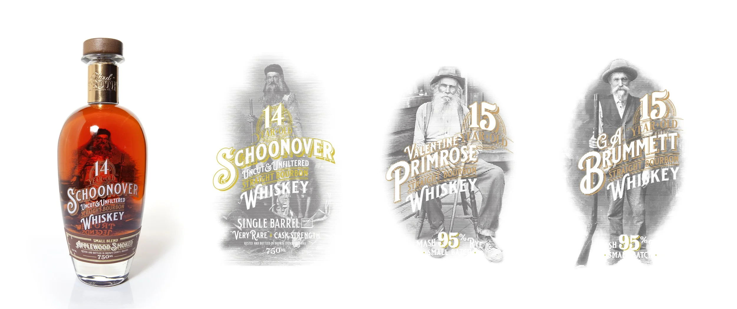 Label of a 14-year-old Schooner bourbon whiskey bottle with three faded images of older men in vintage clothing and hats, each with their age indicated (14, 15, 15) and notes about the whiskey's characteristics.