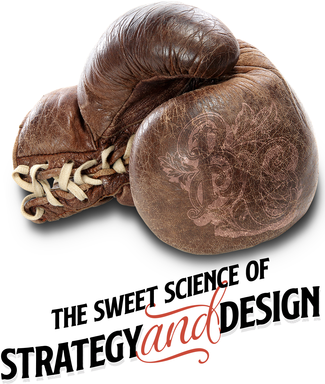 Vintage leather Boxing Clever embroidered with the Boxing Clever word mark logo over a designed type styling of the words "The sweet science of strategy and design"