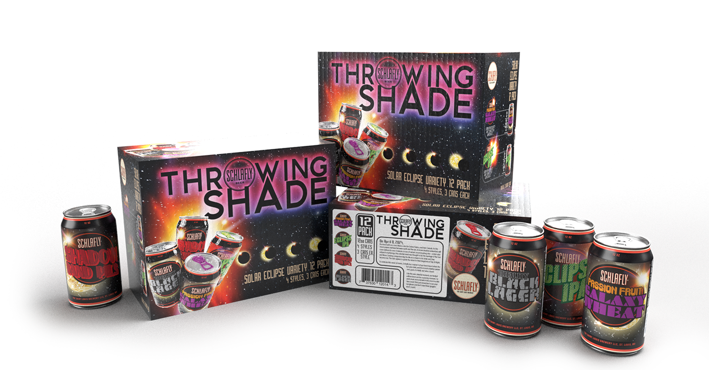 Box of Schlalfy Throwing Shade solar eclipse themed beverages with cans and cans on a surface.