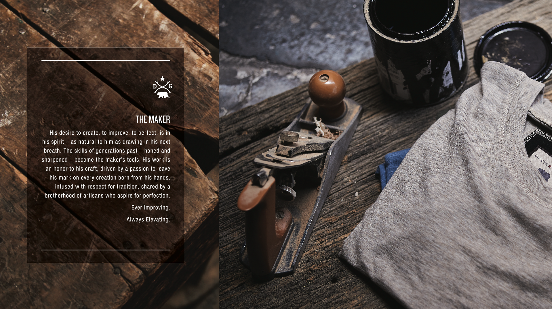 A wooden workbench with a vintage hand plane, a gray T-shirt with a Dakota brand label, a black paint can, and a small container of black paint. A text overlay titled 'The Maker' describes the passion for craftsmanship and the art of creating.