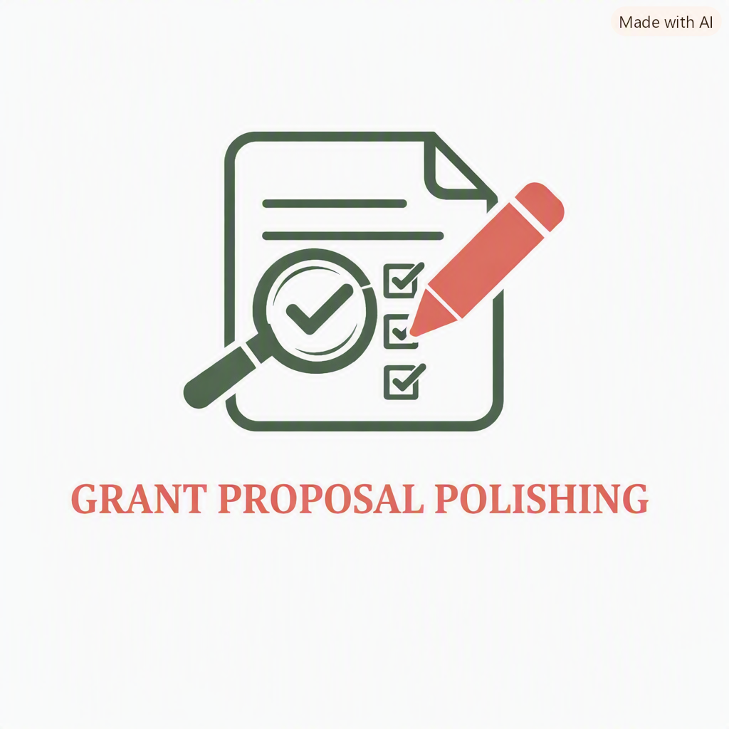 Illustration of a document with checkmarks, a magnifying glass, and a pencil, with the text 'Grant Proposal Polishing' underneath.