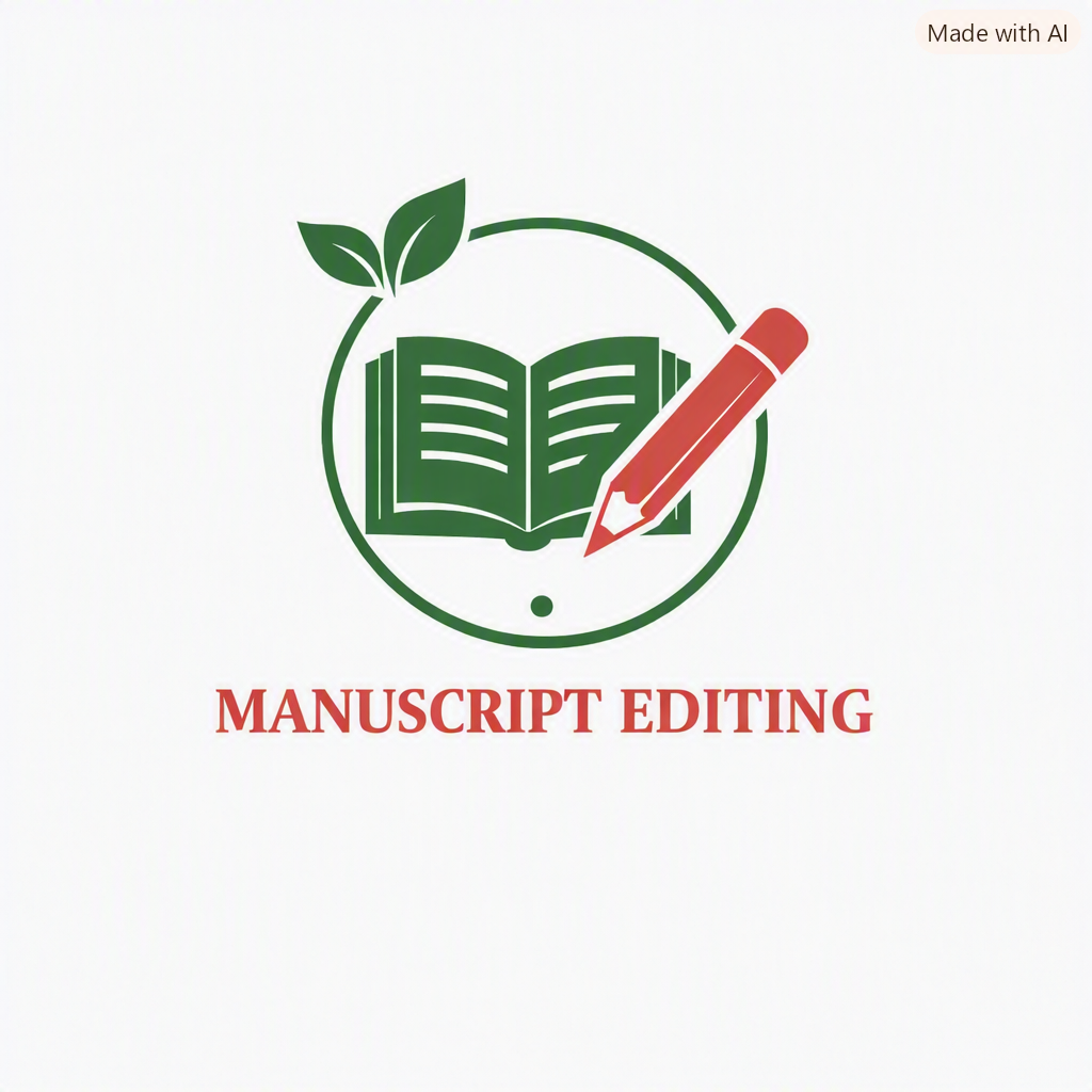 A logo with an open book, a red pencil, and green leaves, with the words 'Manuscript Editing' written below in red.