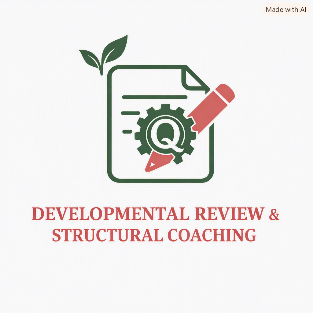 An illustration of a document with a gear, a leaf, and a pencil, accompanied by the text 'Developmental Review & Structural Coaching' in red.