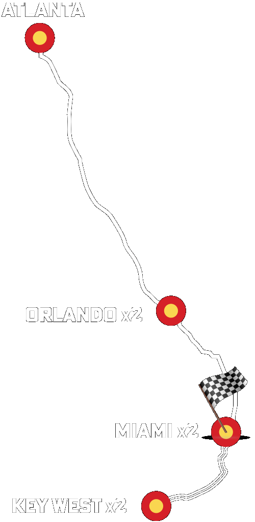 RWB one Love Rally East Map showing a route from Atlanta to Key West with stops in Orlando, Miami, and Key West, marked with red circles and a checkered flag at the finish.
