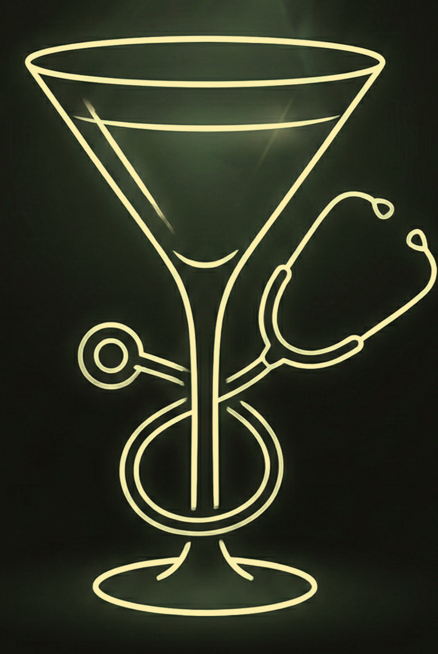 Neon sign depicting a cocktail glass with a stethoscope draped around it.