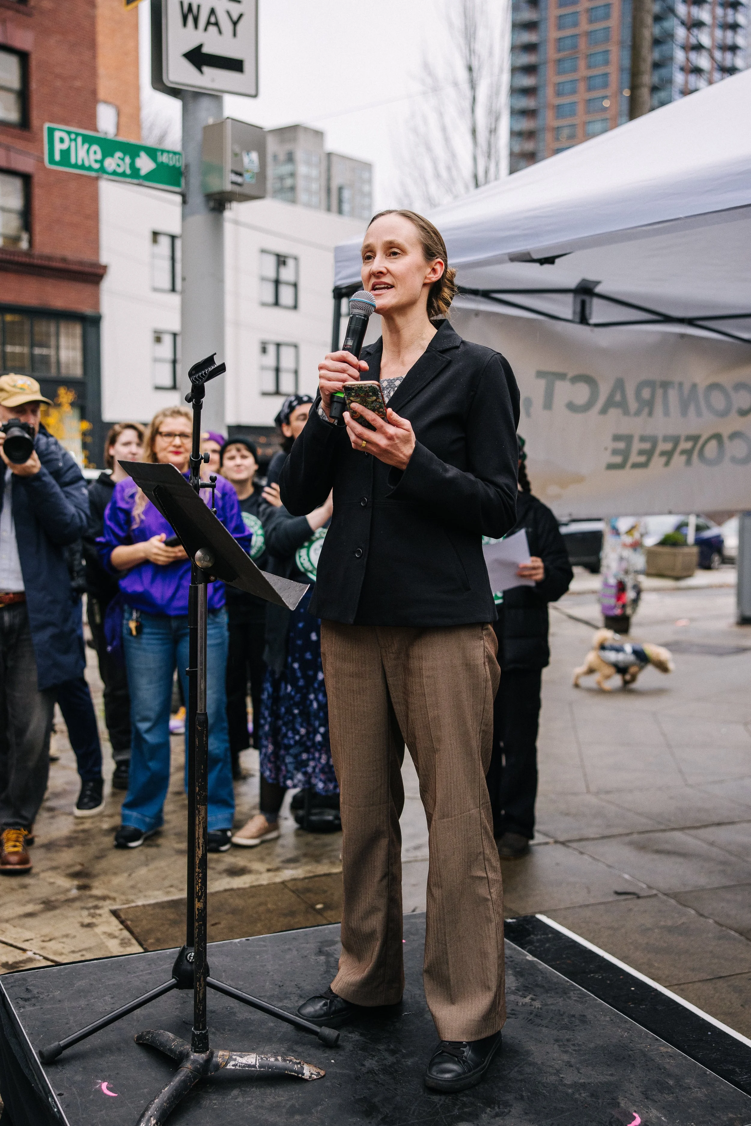 Katie Wilson on Pike Street in Seattle Giving a Speech to a Crowd