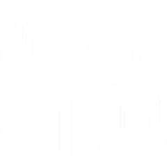 Line drawing of a person singing into a microphone with musical notes around.