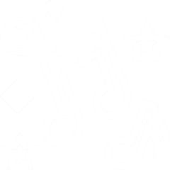 Black background with white music notes, stars, and geometric shapes