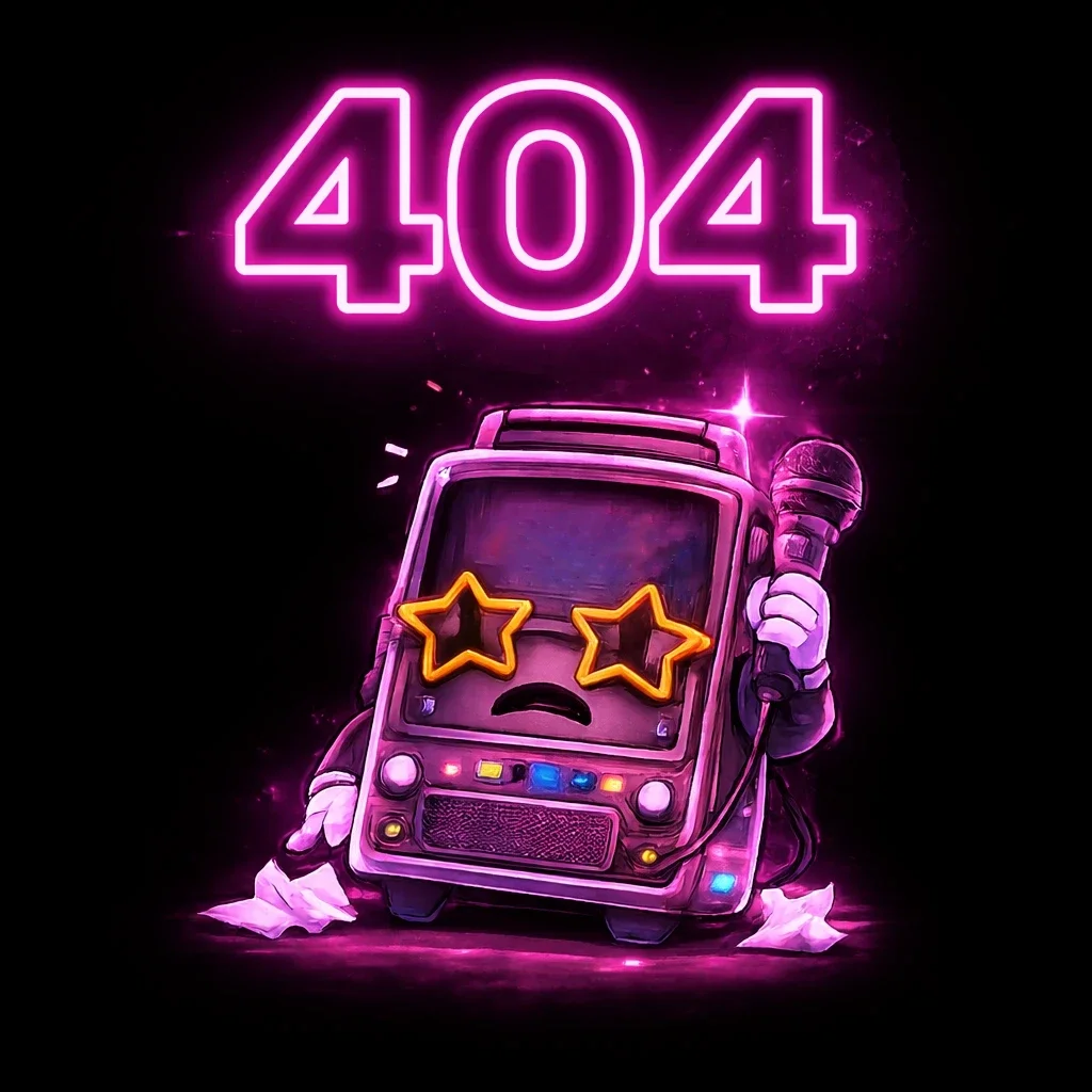 A neon-style illustration of a cartoonish, sad-faced vending machine with star-shaped sunglasses, holding a microphone, with the number '404' in bright neon above it, set against a dark background.