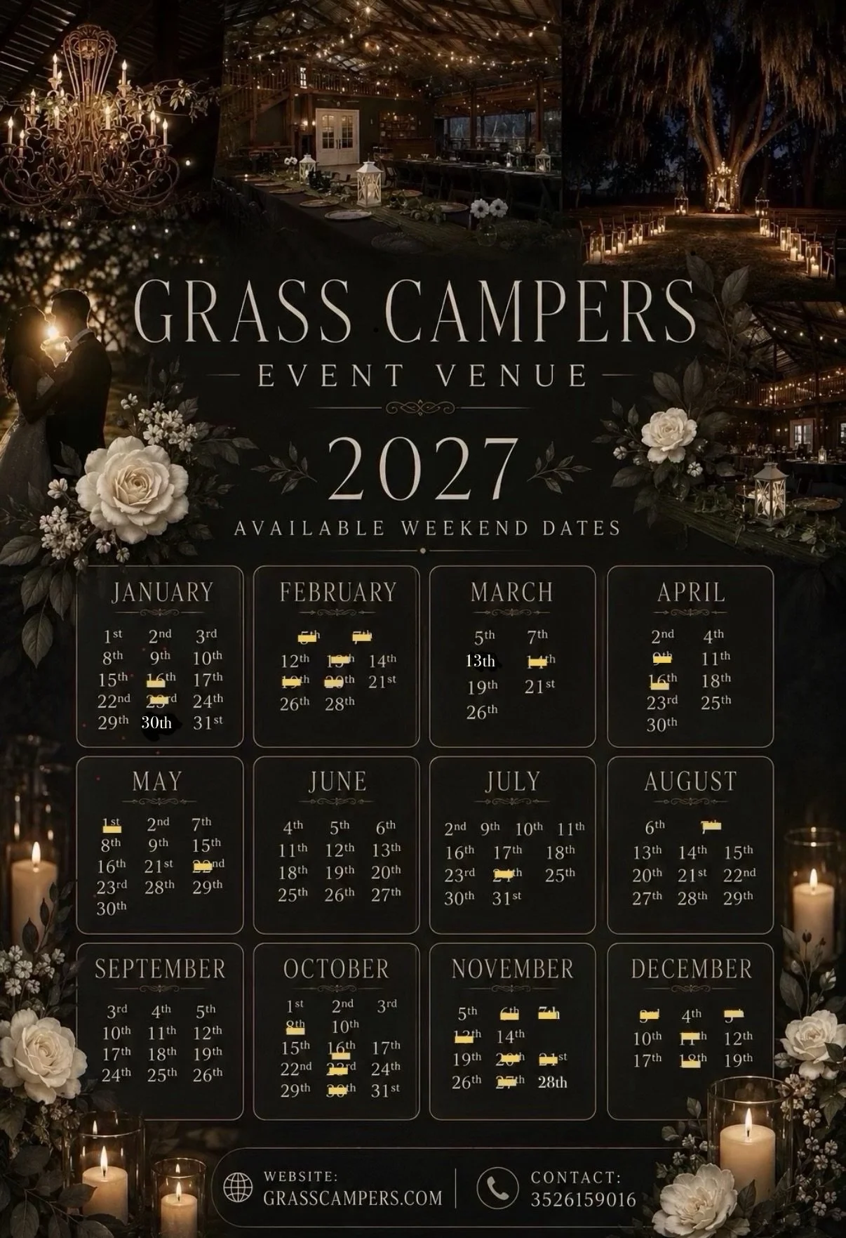For Current available Calendar dates for 2027 - contact us for details