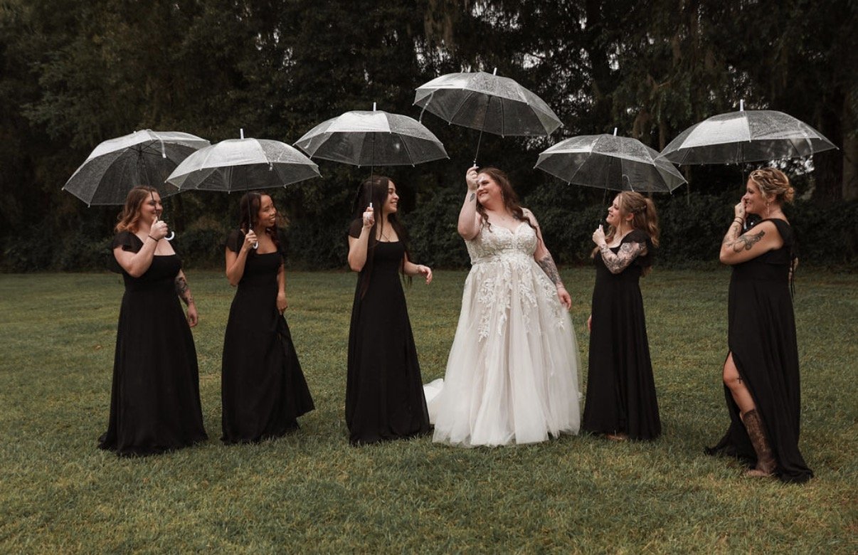 bridesmaids and umbrellas
