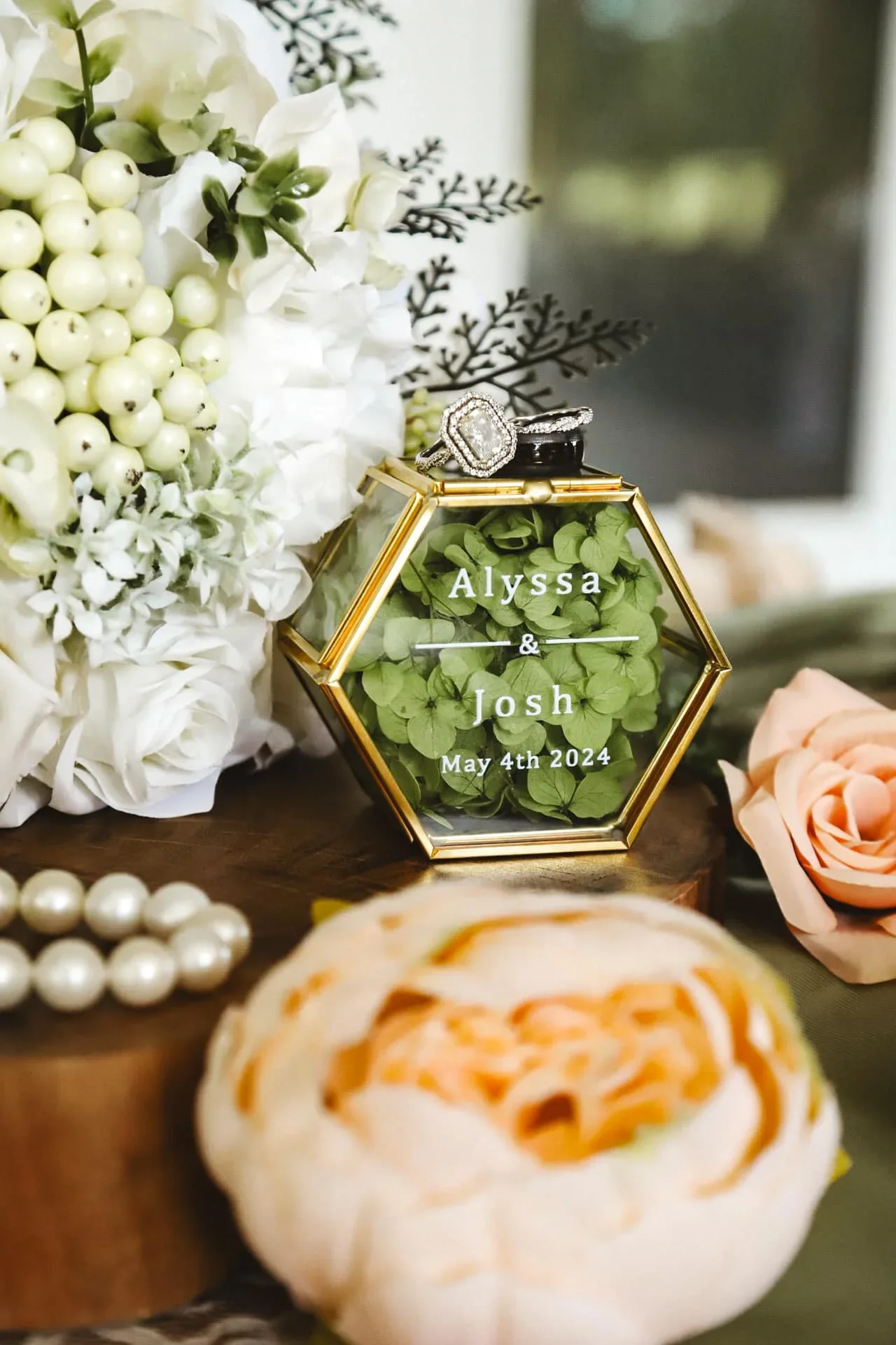 flowers and wedding rings