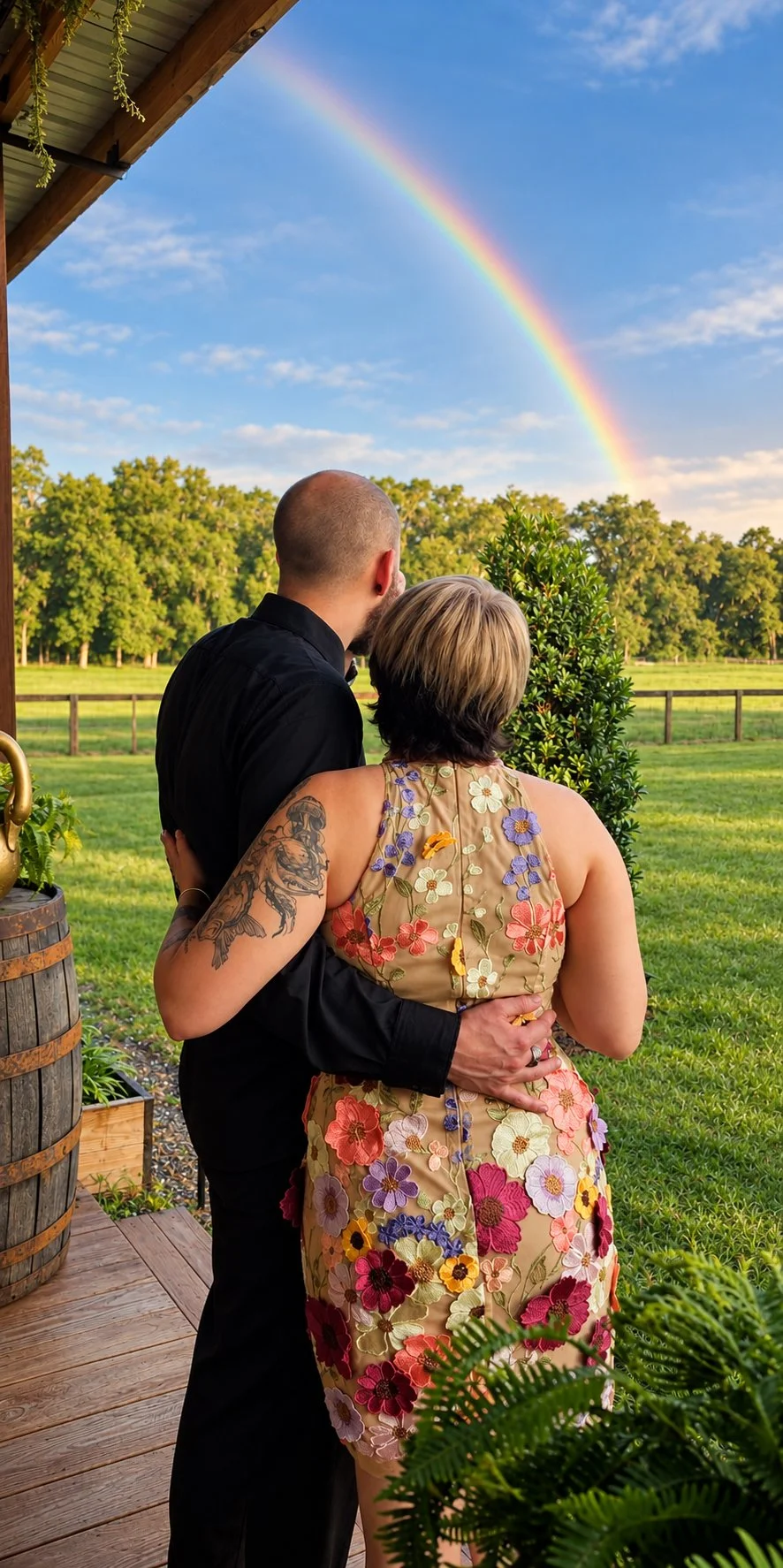 couple hugging under a rainbow 