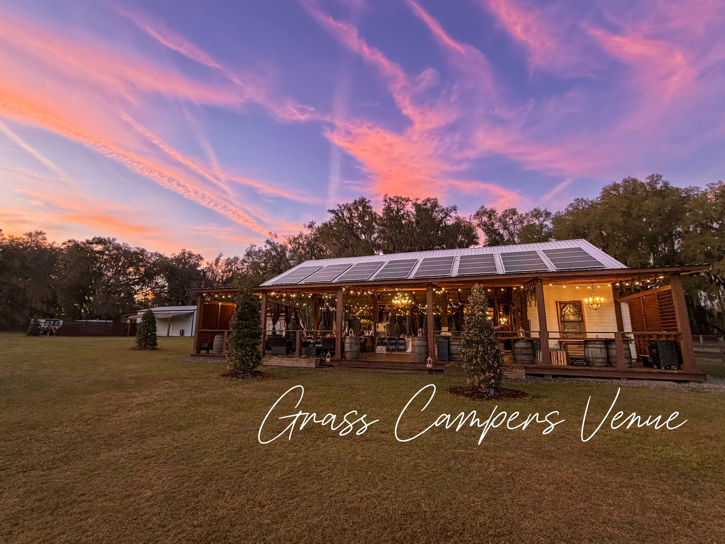 barn venue at sunset 