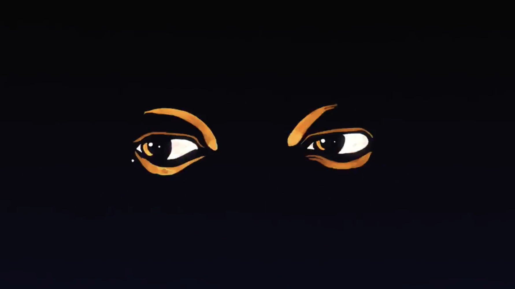 Stylized illustration of a pair of eyes with orange and black details, set against a black background.