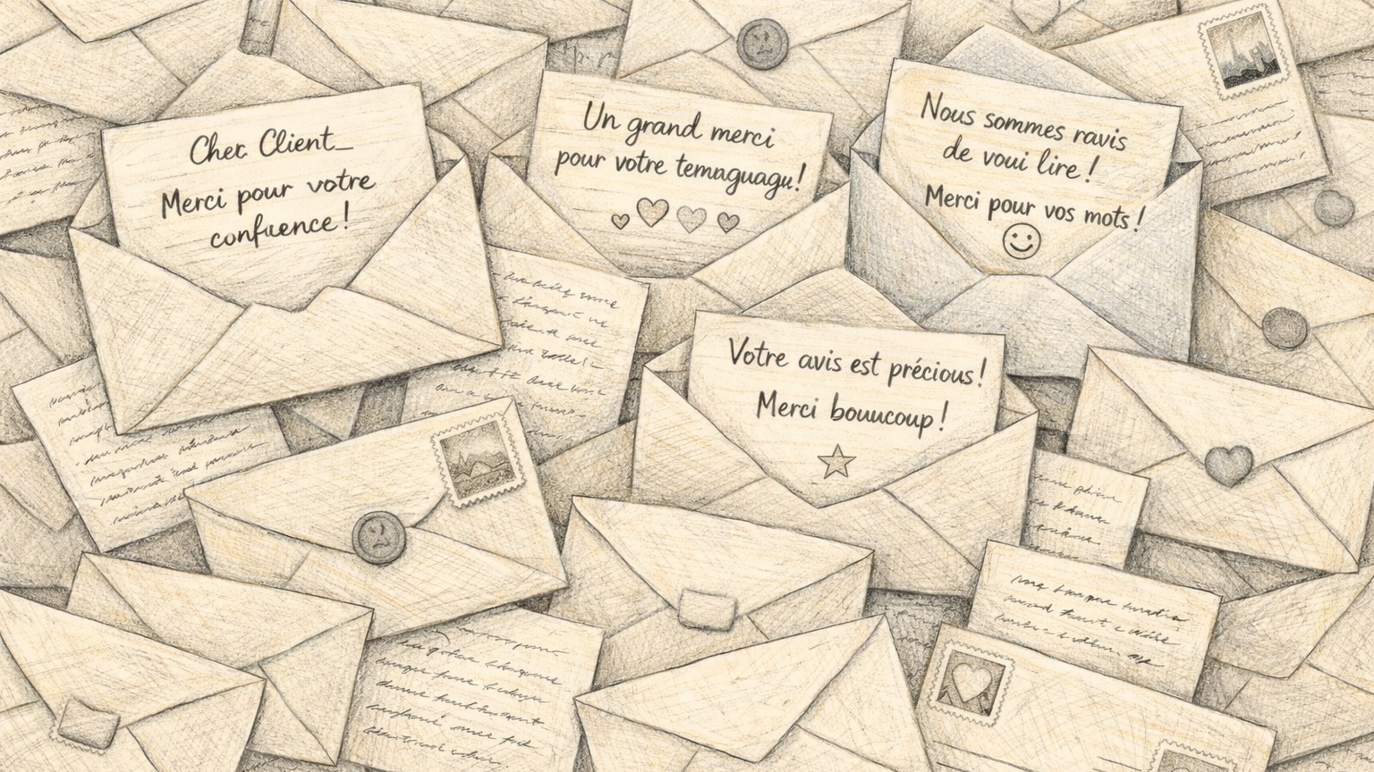 A collection of handwritten notes and messages in envelopes, with some envelopes sealed with heart and star stamps, and one note with smiley and heart doodles.