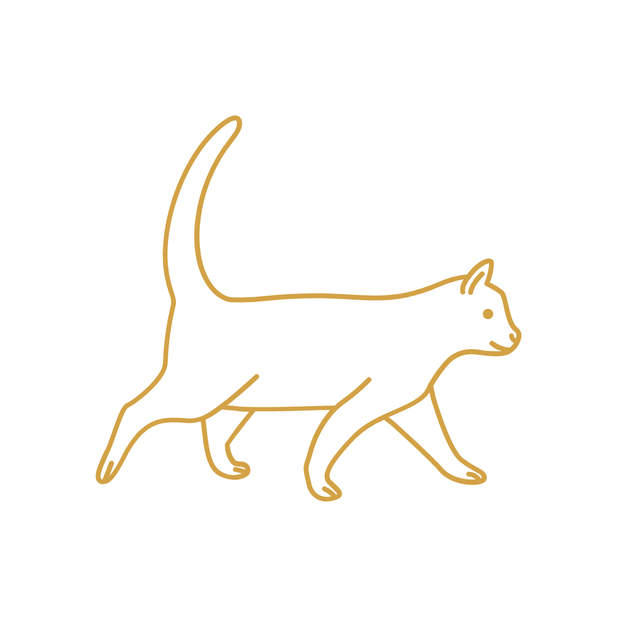 Gold outline illustration of a cat in profile on a black background.
