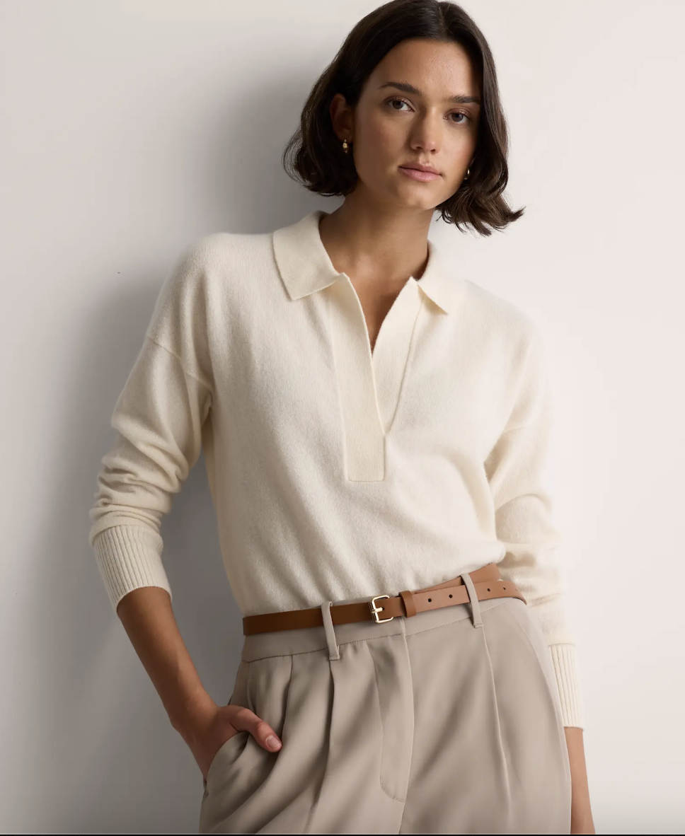 Quiet Luxury More Affordable Version of Loro Piana, Quince Mongolian Cashmere Polo Sweater in Ivory