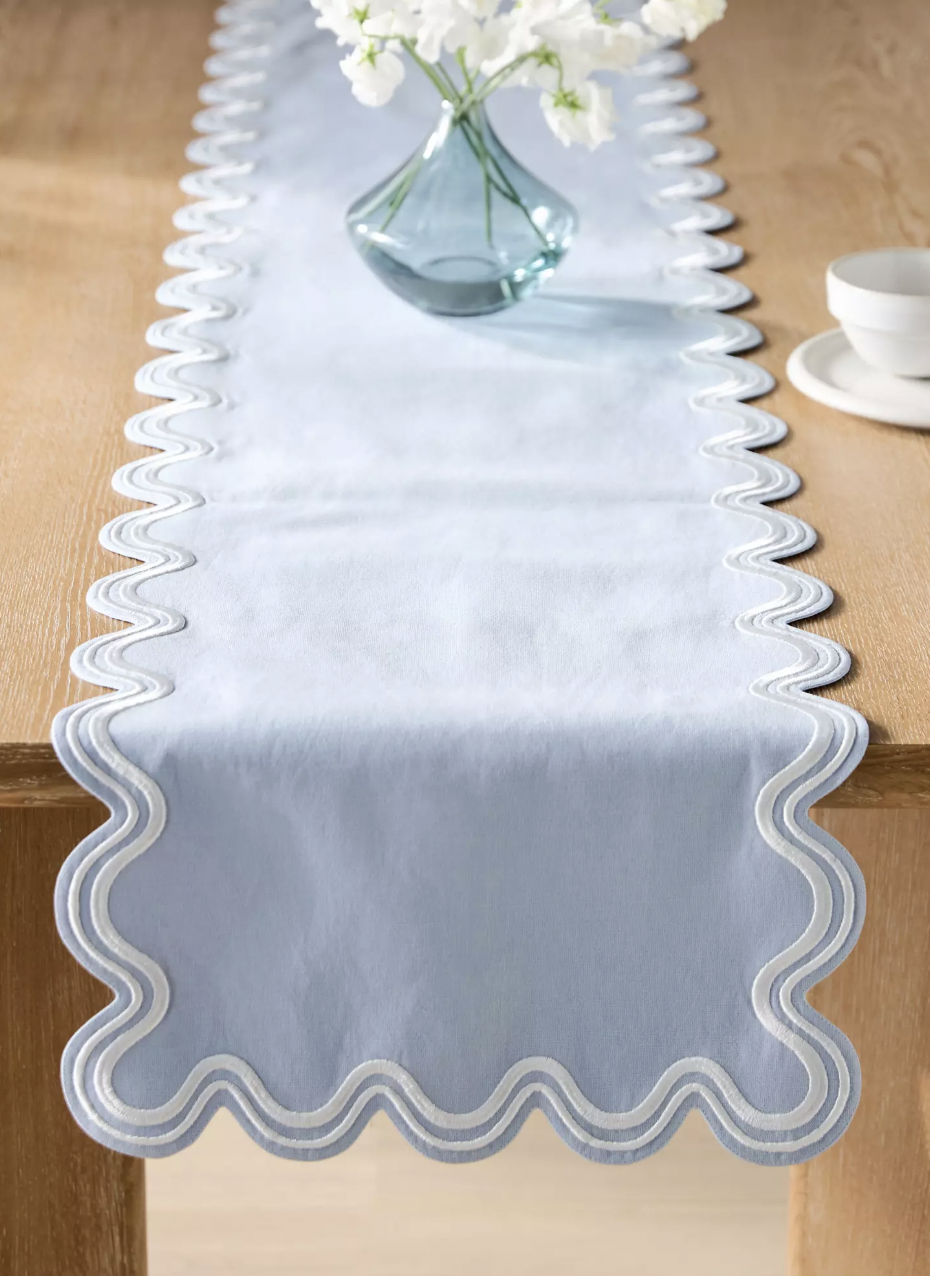 Madeline Scallop Embroidered Table Runner in Hydrangea