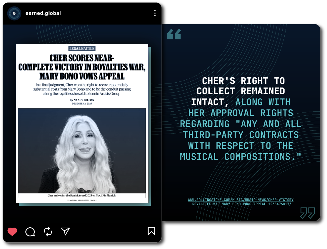 A social media post with a headline about Cher's legal victory in a royalties war, featuring a black and white photo of Cher with long, wavy hair, and a quote reiterating her right to collect royalties and her approval rights on third-party contracts.
