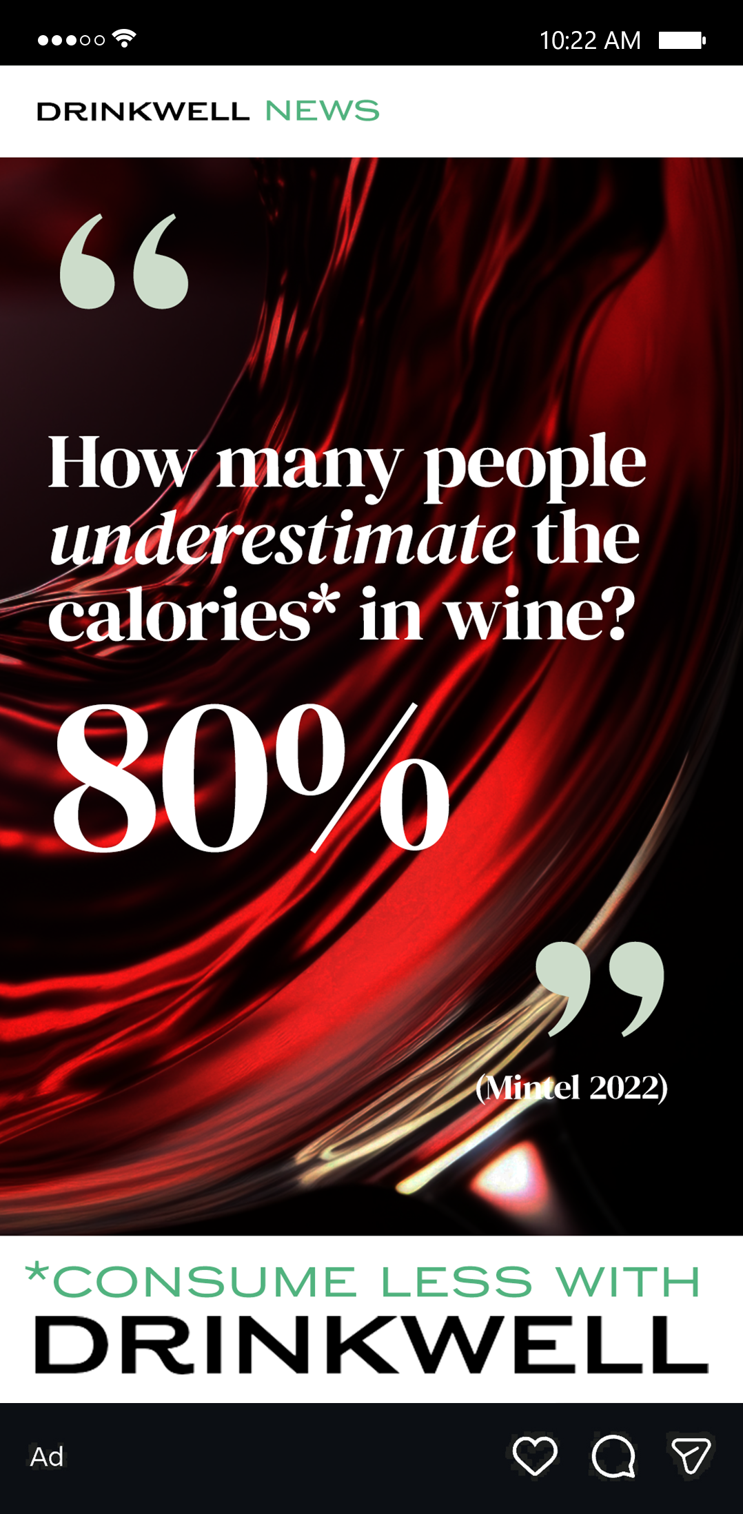 A mobile phone screen displaying a Drinkwell News article with a statistic about wine calories, stating that 80% of people underestimate the calories in wine. The background features a swirling red and black abstract pattern.