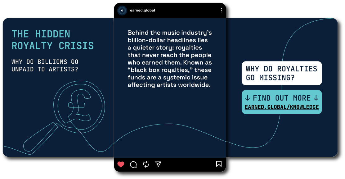 Infographic about the hidden royalty crisis in the music industry, highlighting unpaid royalties to artists and explaining 'black box royalties' impacting artists worldwide.