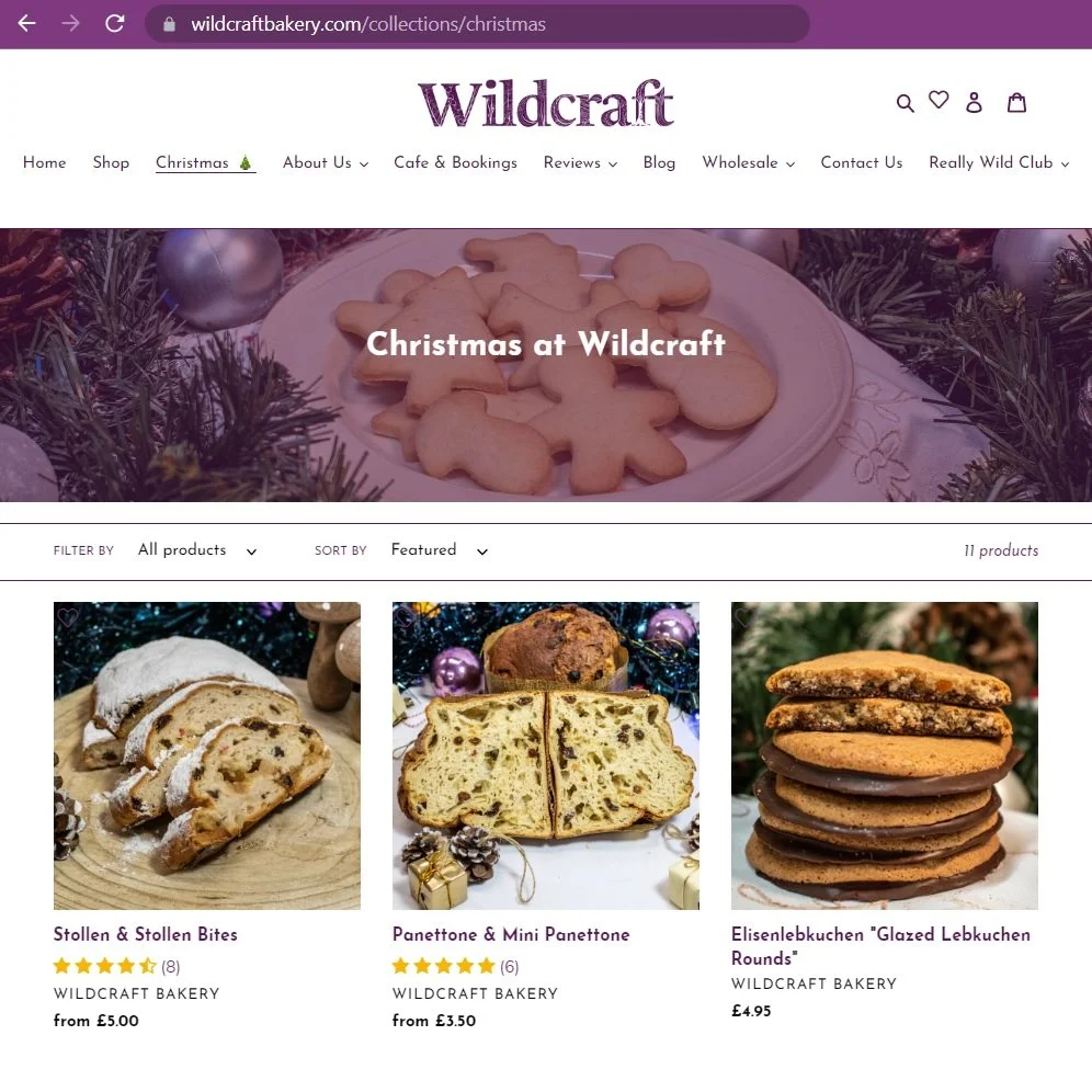 Screenshot of Wildcraft Bakery website showcasing Christmas baked goods, including cookies, stollen, panettone, and cookies with chocolate.