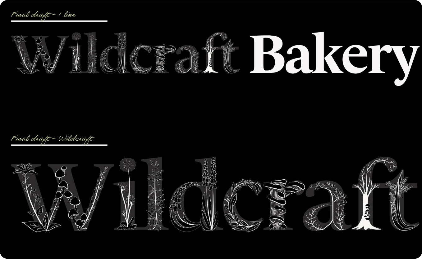 Graphic design with ornamental text reading 'Wildcraft Bakery' and 'Wildcraft' with floral and botanical motifs in the lettering on a black background.
